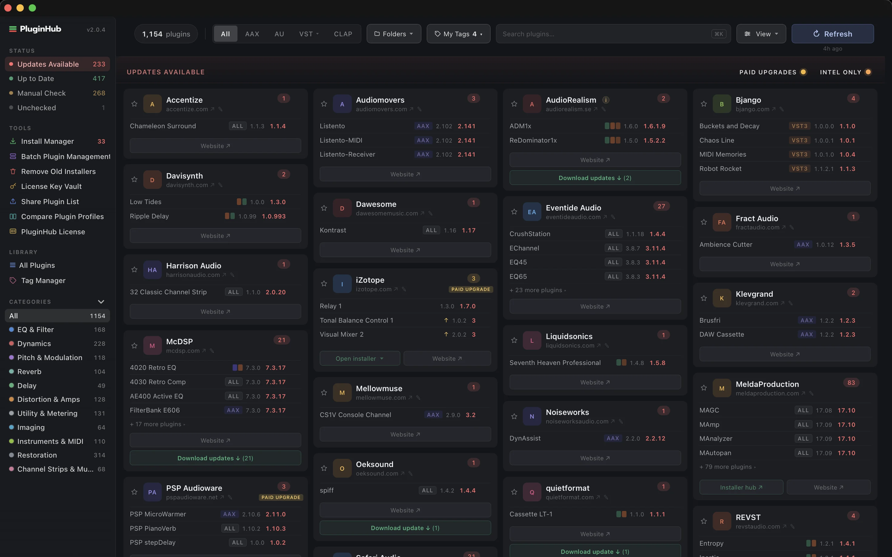 The PluginHub dashboard: status counts, tools and categories in the sidebar, and vendor cards with available updates