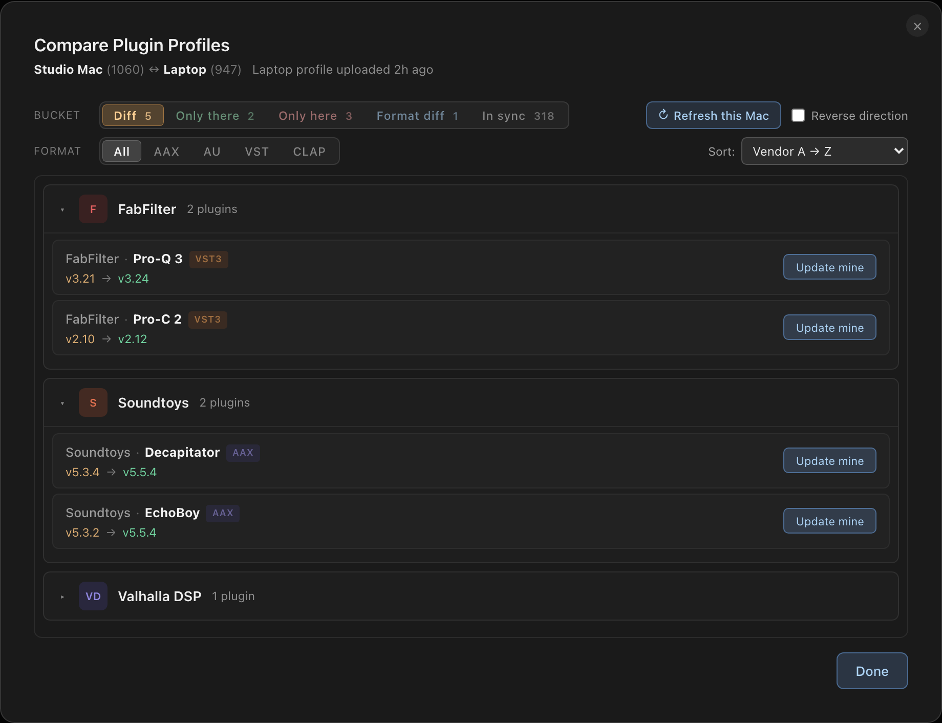 Compare Plugin Profiles — version differences between two Macs