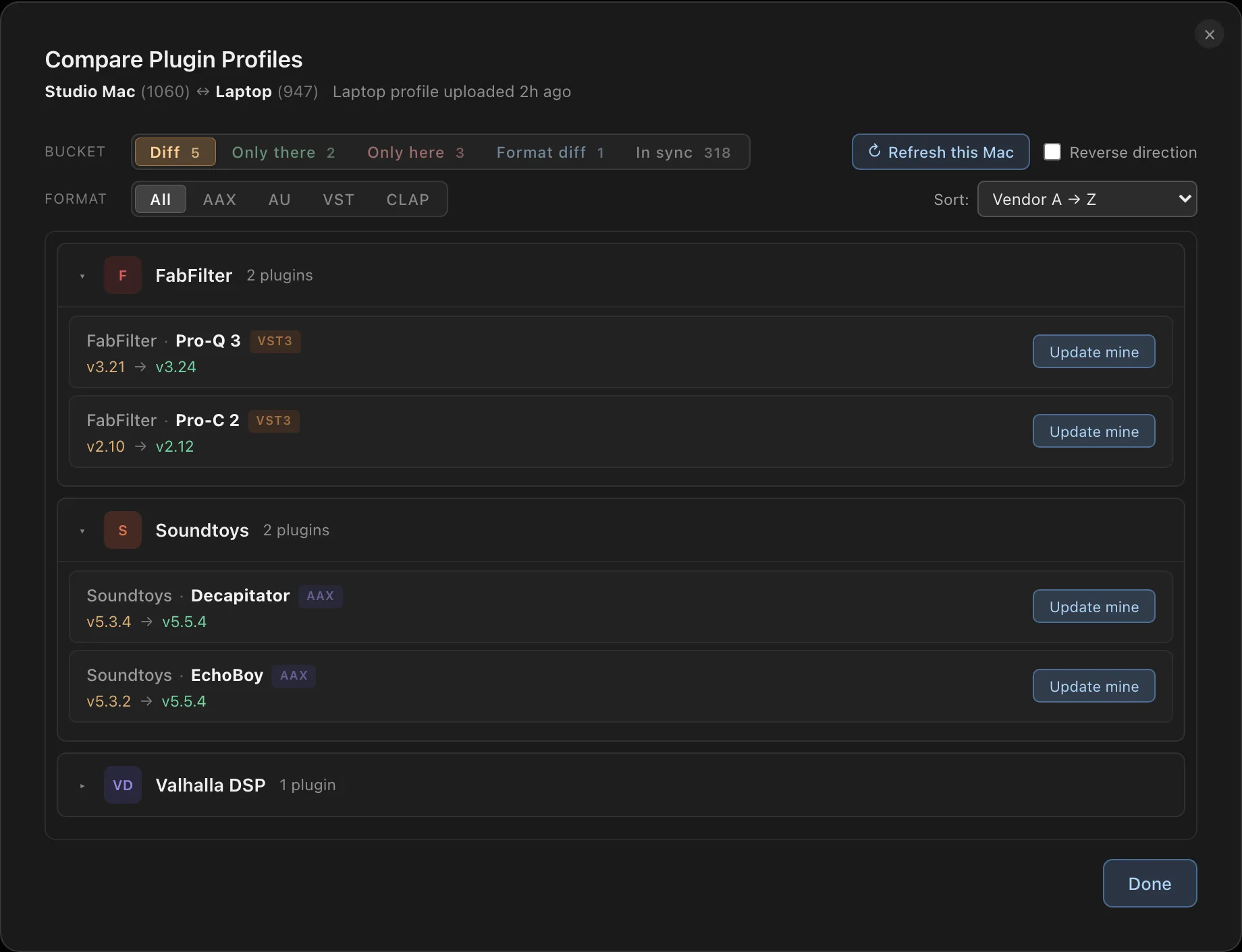 Compare Plugin Profiles — version differences between two Macs