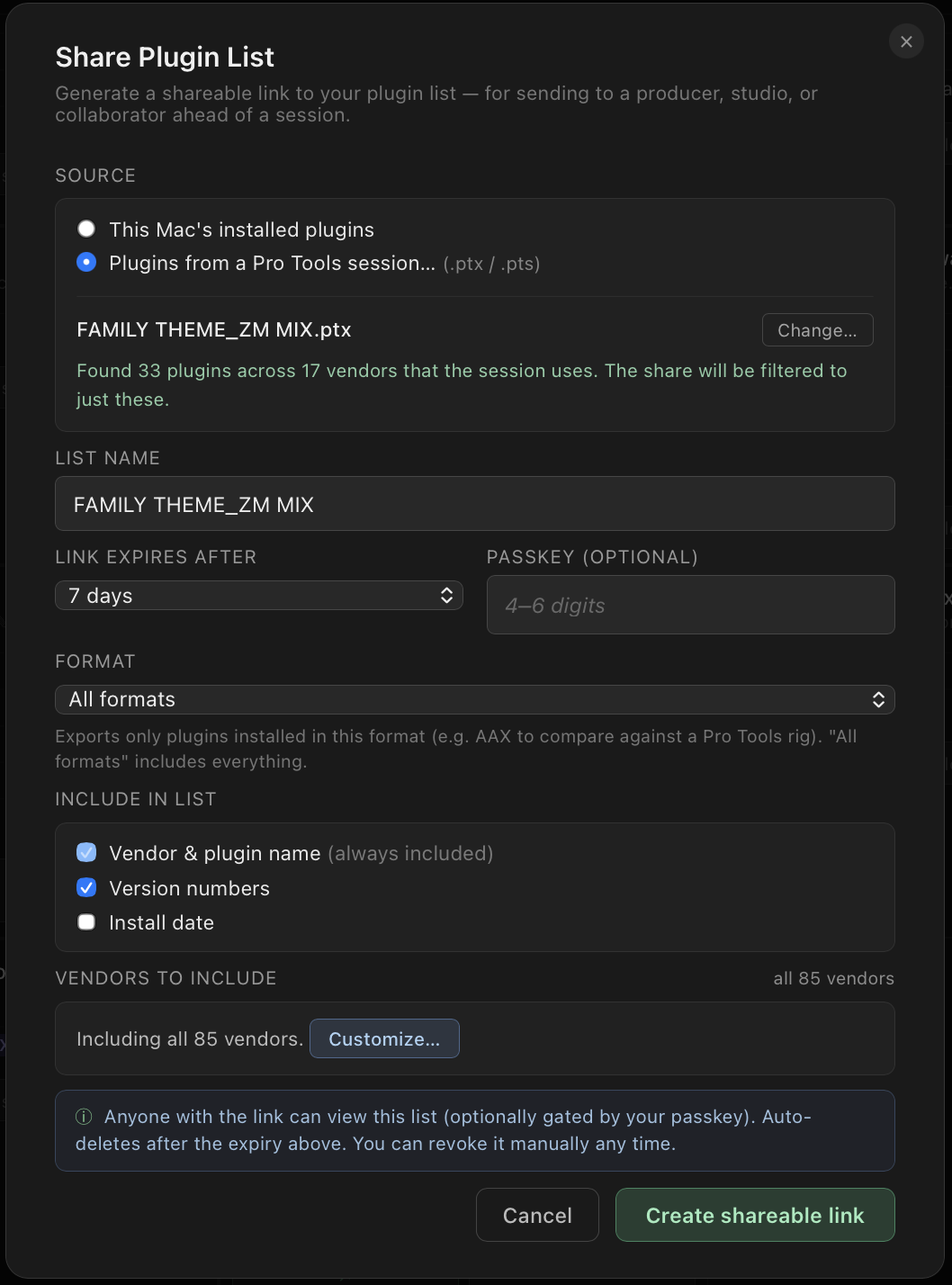 Share dialog with a Pro Tools session loaded, including Waves plugins